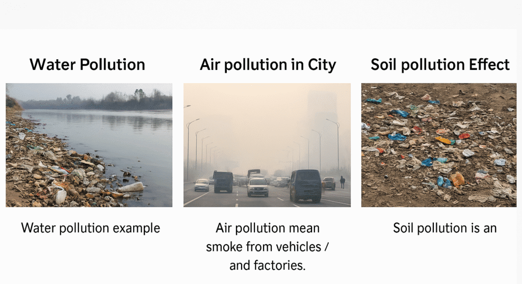 environmental pollution, water pollution and soil pollution