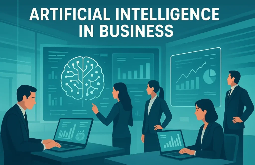 Business professionals using AI-powered data analytics in a digital office environment, showing charts, graphs, and a neural network interface on large screens.