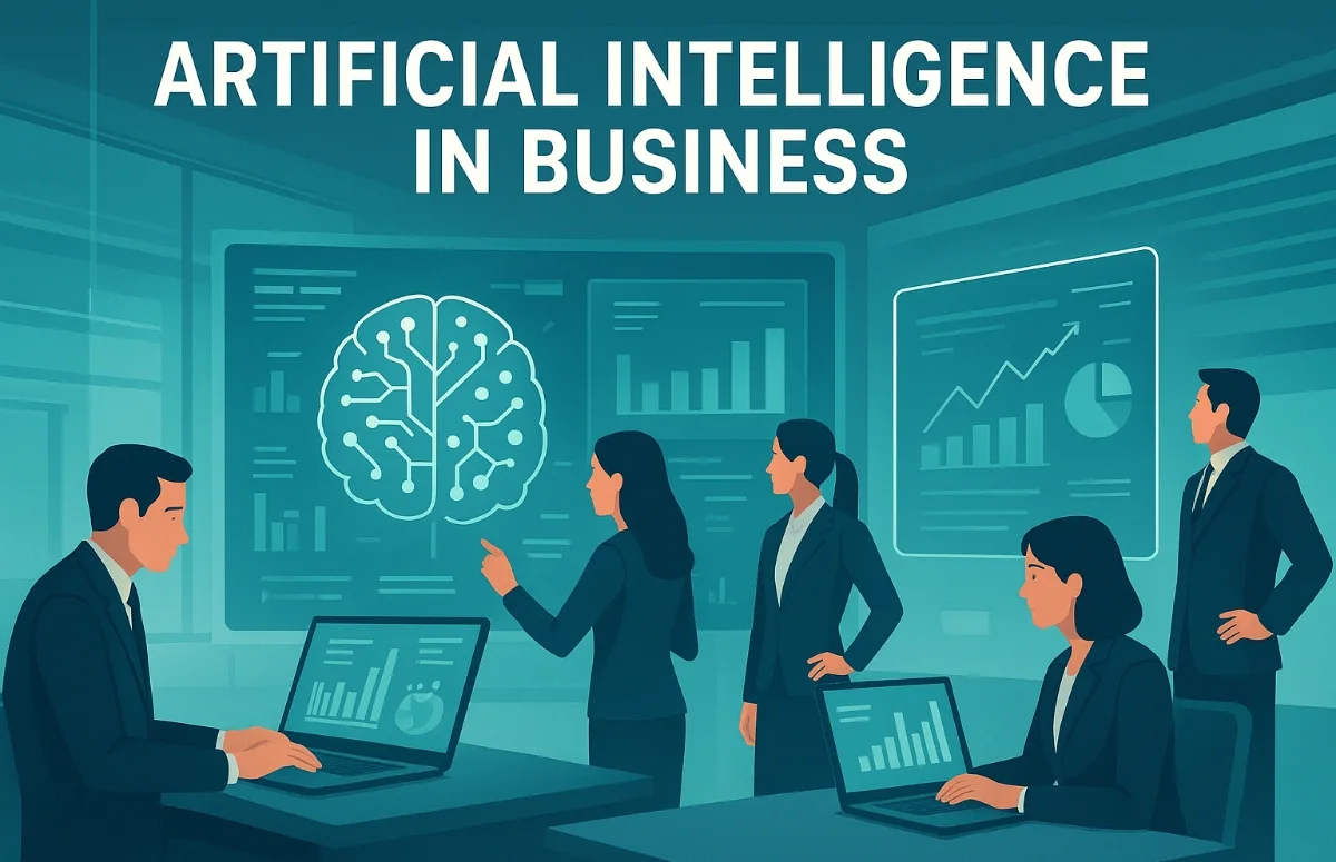 Business professionals using AI-powered data analytics in a digital office environment, showing charts, graphs, and a neural network interface on large screens.