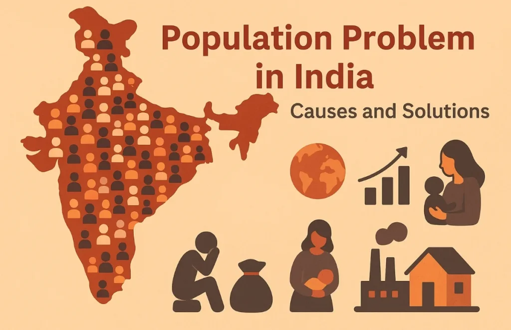 Crowded Indian city showing traffic and dense housing — illustrating the Population Problem in India Composition.