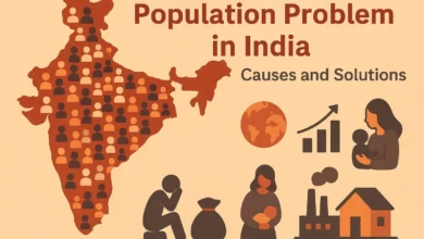 Crowded Indian city showing traffic and dense housing — illustrating the Population Problem in India Composition.