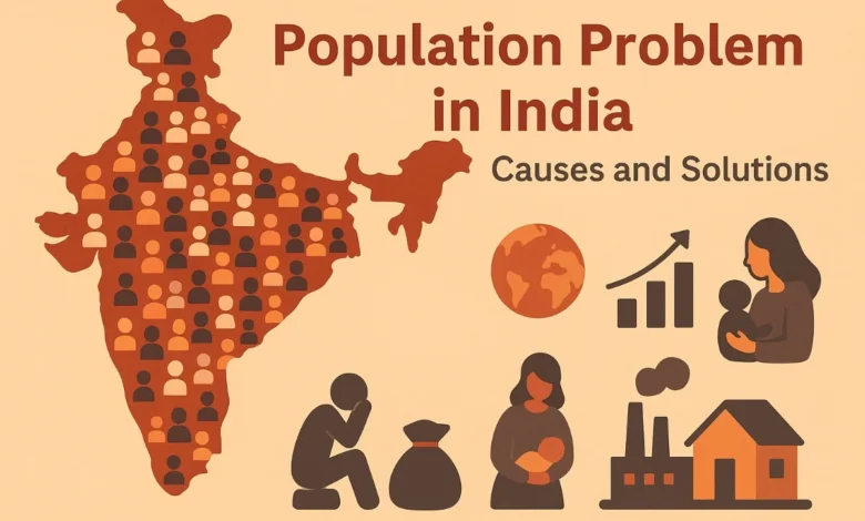 Crowded Indian city showing traffic and dense housing — illustrating the Population Problem in India Composition.