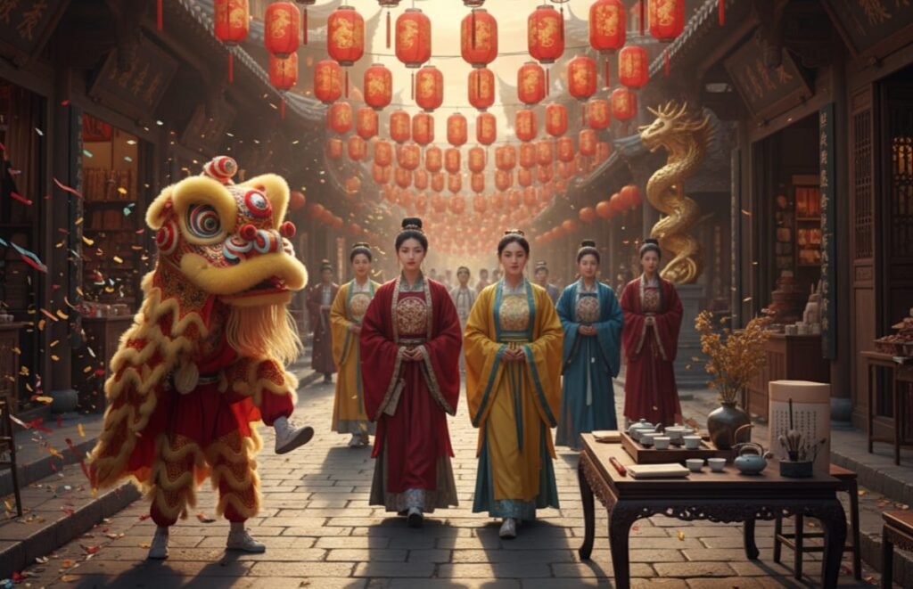 Chinese culture and traditions spring festival celebration with red lanterns dragon dance and traditional architecture