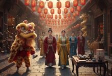 Chinese culture and traditions spring festival celebration with red lanterns dragon dance and traditional architecture