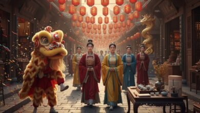 Chinese culture and traditions spring festival celebration with red lanterns dragon dance and traditional architecture