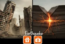 Earthquake paragraph illustration showing building damage and tectonic plate movement with safety measures