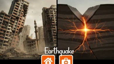 Earthquake paragraph illustration showing building damage and tectonic plate movement with safety measures