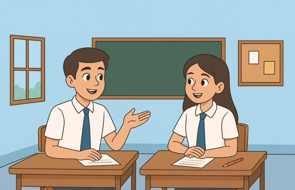 Dialogue on importance of learning English between two school friends sitting in a classroom and discussing benefits of learning English language