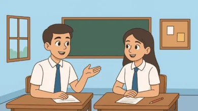 Dialogue on importance of learning English between two school friends sitting in a classroom and discussing benefits of learning English language