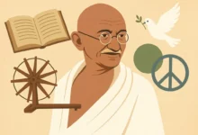 Illustration of Mahatma Gandhi with spinning wheel, book, peace symbol and white dove representing non-violence and wisdom