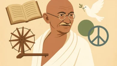 Illustration of Mahatma Gandhi with spinning wheel, book, peace symbol and white dove representing non-violence and wisdom