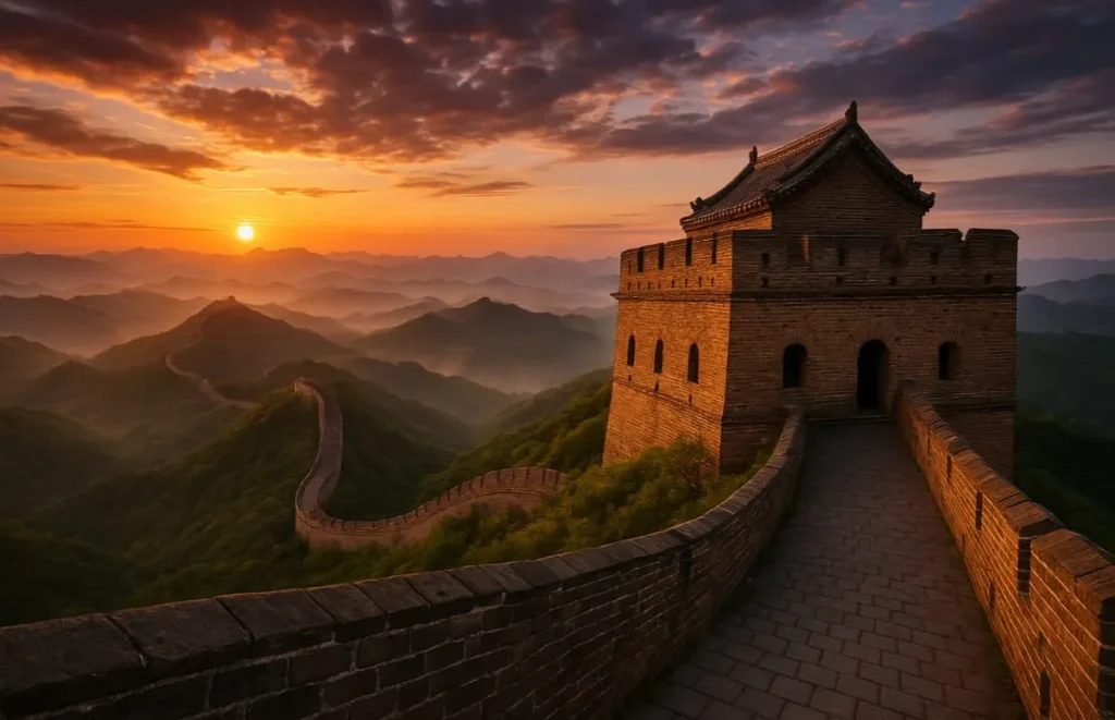 The Great Wall of China winding through mountains during sunset with watchtower