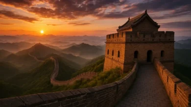 The Great Wall of China winding through mountains during sunset with watchtower