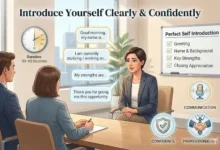 An infographic showing the 5 easy steps (5 steps of self-introduction, English speaking tips, infographic) of self-introduction in English, including greeting, name, and qualification.