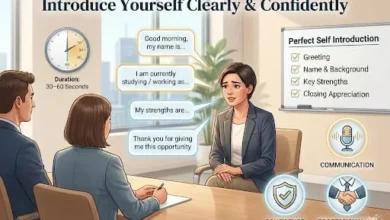 An infographic showing the 5 easy steps (5 steps of self-introduction, English speaking tips, infographic) of self-introduction in English, including greeting, name, and qualification.