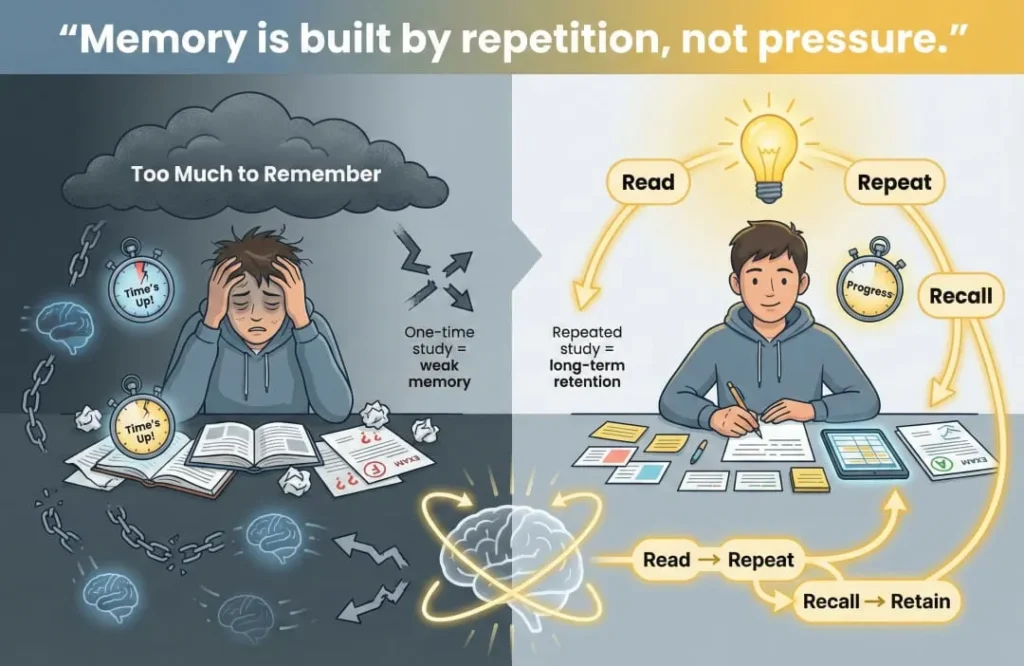 The student is reading attentively and using the Law of Repetition.