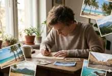 Letter writing about vacation trip with travel photos on desk