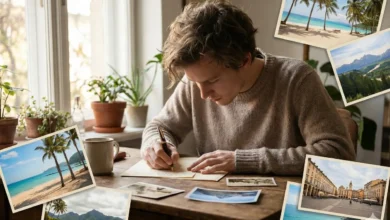 Letter writing about vacation trip with travel photos on desk